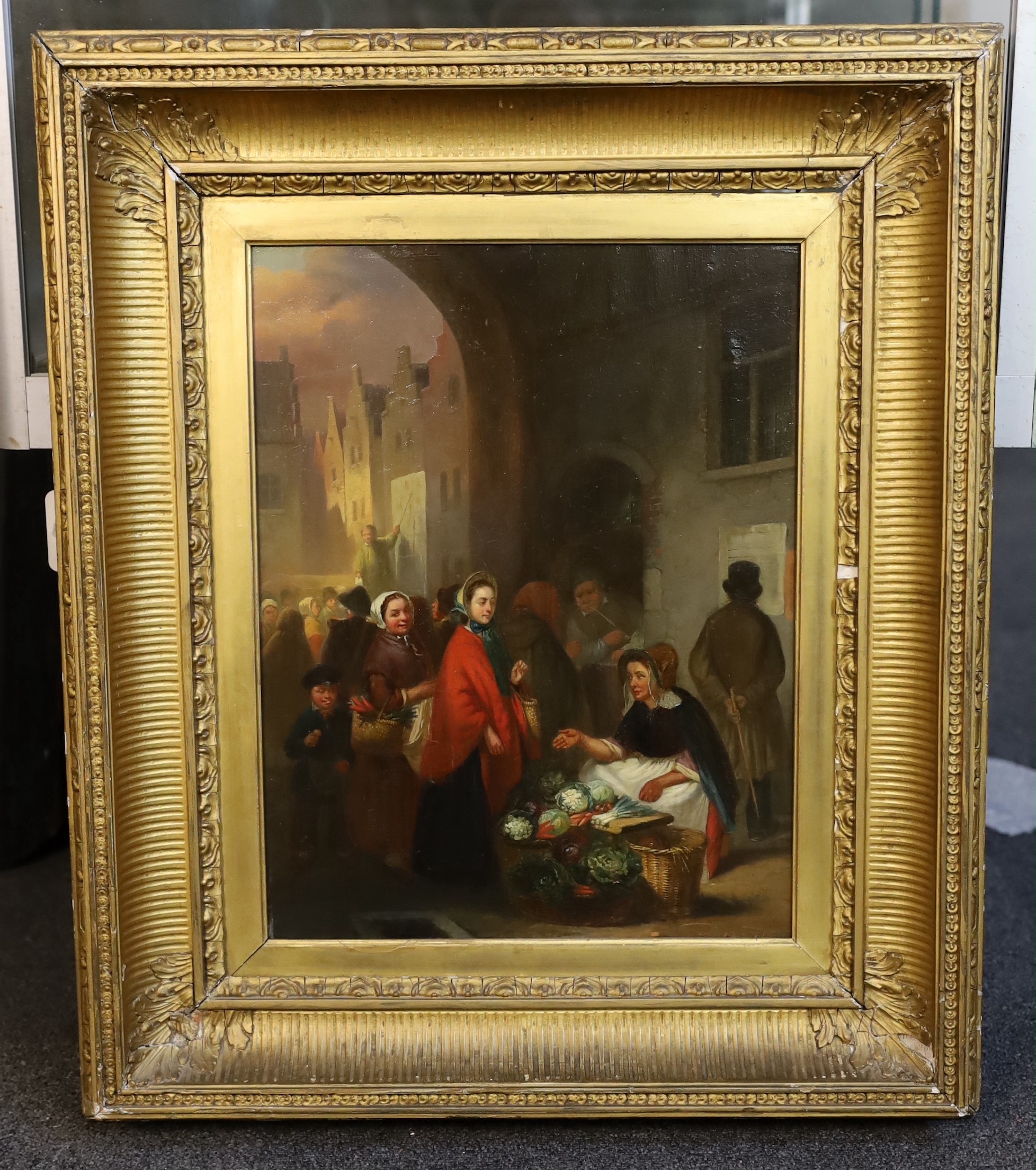 Ferdinand de Braekeleer (Belgian, 1828-1857), Flemish market scene, oil on panel, 39 x 30.5cm